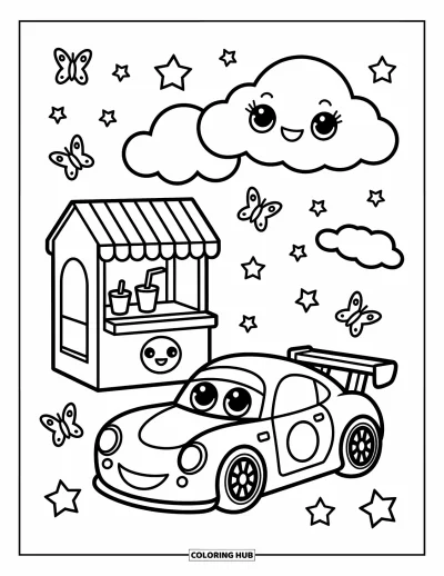 Dibujo de coches de carreras para colorear para adultos: Un coche de carreras sonriente descansa junto a un puesto de limonada con nubes flotantes, mariposas y estrellas ondulantes