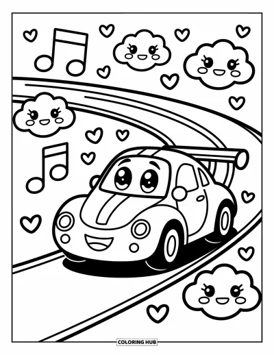 Dibujo de coches de carreras para colorear para adultos: Un coche de carreras sonriente da una vuelta lenta en una pista curvada con notas flotantes y nubes felices