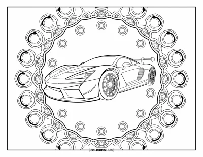 Dibujo de coches de carreras para colorear para adultos: Un coche de carreras elegante está enmarcado por patrones ondulantes y formas mecánicas intrincadas