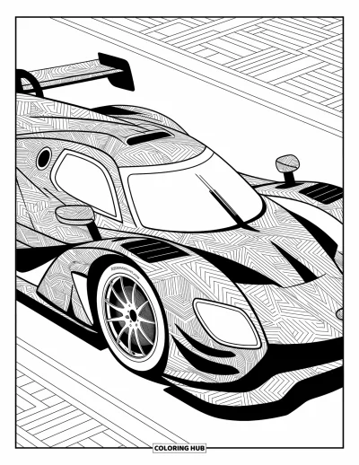 Dibujo de coches de carreras para colorear para adultos: Un coche de carreras elegante con patrones tribales detallados está entre formas geométricas y remolinos