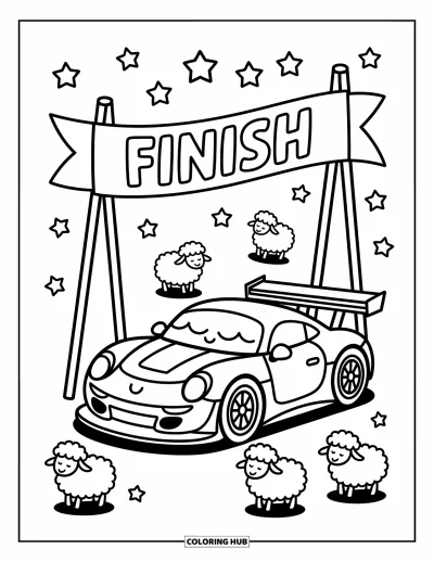 Dibujo de coches de carreras para colorear para adultos: Un coche de carreras cansado descansa bajo una pancarta de cinta mientras ovejas esponjosas flotan entre estrellas brillantes