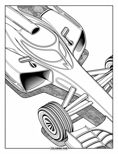 Dibujo de coches de carreras para colorear para adultos: Engranajes y pistones superpuestos crean la forma detallada de un coche de carreras con diseños artísticos