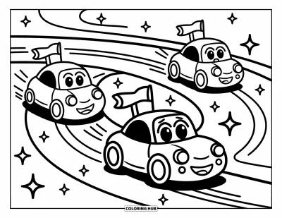 Dibujo de coches de carreras para colorear para adultos: Tres coches de carreras juguetones corren en una pista en espiral con banderas tiernas y destellos dispersos