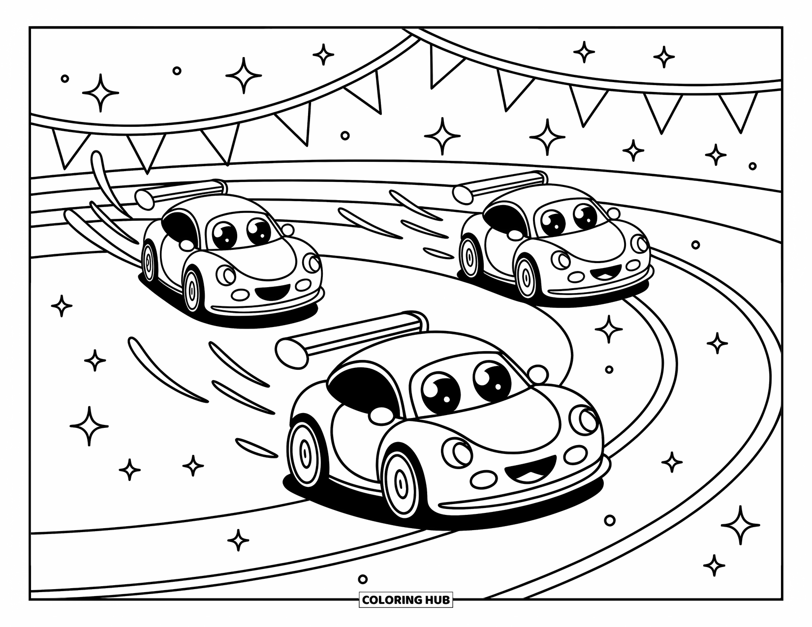 Kleurplaat raceauto voor volwassenen: Drie kleine raceauto's racen op een spiraalvormig circuit met wapperende vlaggen en dansende glitters