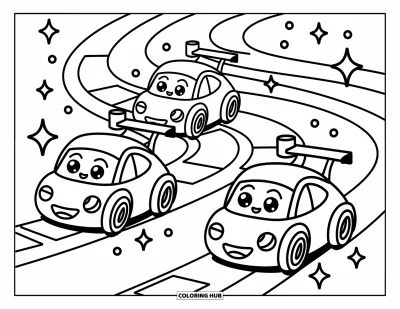Dibujo de coches de carreras para colorear para adultos: Tres coches de carreras pequeños compiten en una pista en espiral con banderas ondeando y destellos juguetones