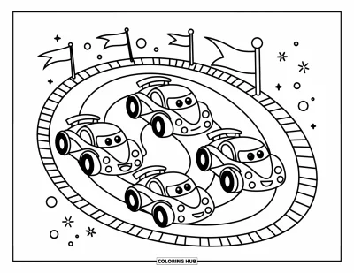 Dibujo de coches de carreras para colorear para adultos: Tres coches de carreras pequeños aceleran en una pista en espiral con banderas ondeando y destellos juguetones