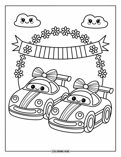 Dibujo de coches de carreras para colorear para adultos: Dos coches de carreras tiernos con lazos compiten bajo una pancarta de flores con nubes amistosas flotando