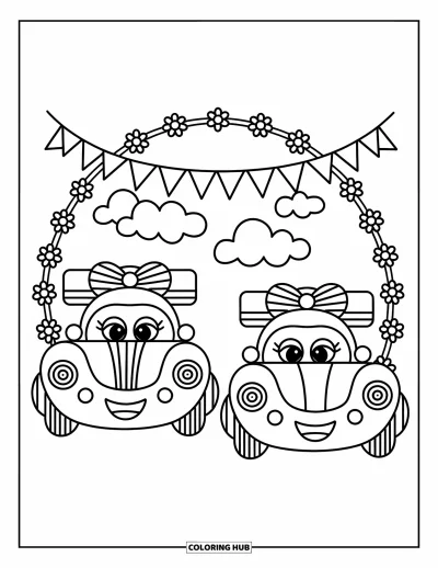 Dibujo de coches de carreras para colorear para adultos: Dos coches de carreras kawaii con lazos compiten lado a lado bajo una pancarta con flores pequeñas