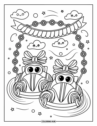 Dibujo de coches de carreras para colorear para adultos: Dos coches de carreras juguetones con lazos compiten lado a lado bajo una pancarta decorada con flores
