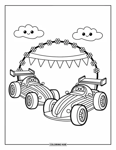 Dibujo de coches de carreras para colorear para adultos: Dos coches de carreras juguetones con franjas compiten bajo un arco floral con nubecitas alegres
