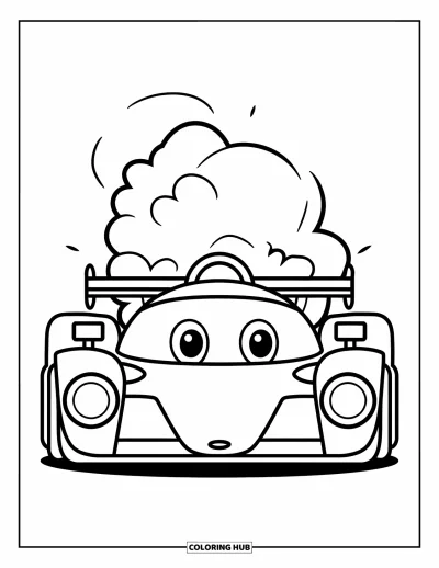 Dibujo de coches de carreras para colorear para niños: Un coche de carreras básico con faros grandes avanza con humo esponjoso detrás