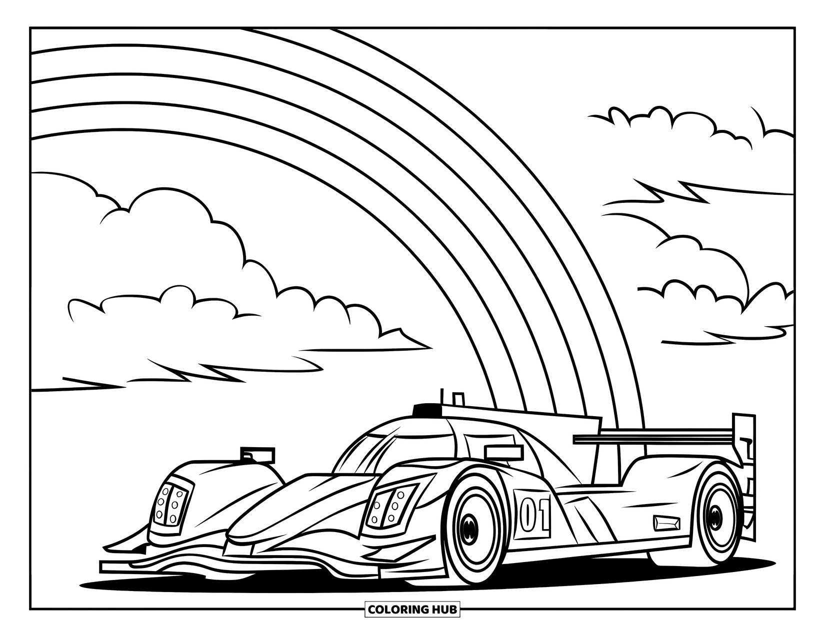 Raceauto Kleurplaat voor Kinderen: Een grote raceauto staat onder een regenboog met pluizige wolken en dikke bogen erboven