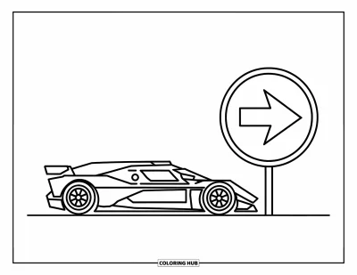 Dibujo de coches de carreras para colorear para niños: Un coche de carreras llamativo está estacionado junto a un gran cartel con flecha hacia la derecha