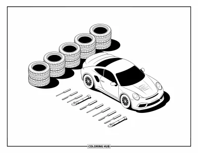 Dibujo de coches de carreras para colorear para niños: Un coche se estaciona cerca de neumáticos apilados y herramientas colocadas ordenadamente