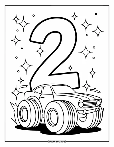 Dibujo de coches de carreras para colorear para niños: Un coche con neumáticos enormes y el número 2 está rodeado de destellos