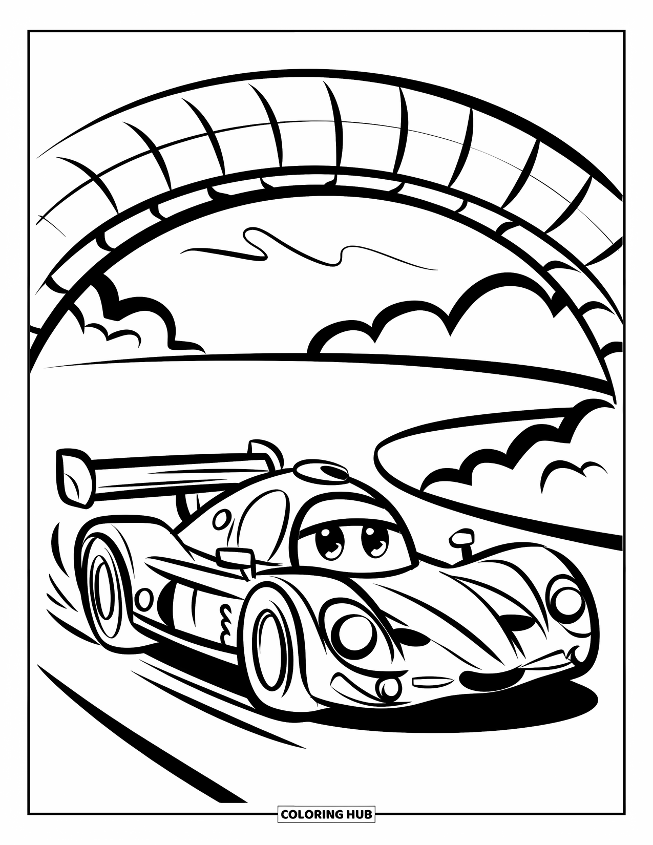 Kleurplaat raceauto voor kinderen: Een cartoon-raceauto rijdt onder een gestreepte brug met grote, speelse vormen