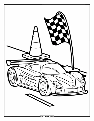 Dibujo de coches de carreras para colorear para niños: Un coche de carreras alegre está estacionado cerca de un cono de tráfico y una bandera de meta cercana