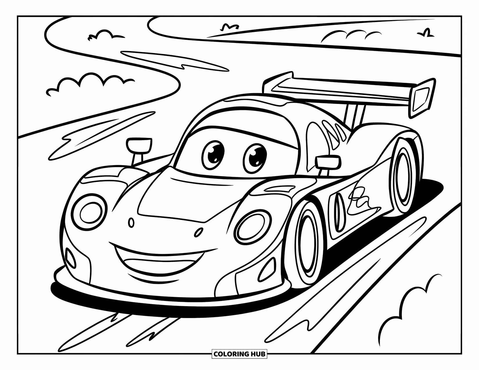 Raceauto Kleurplaat voor Kinderen: Een vrolijke raceauto met een smiley rijdt op een eenvoudig circuit met uitlaatstrepen