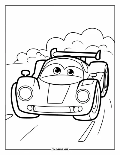 Dibujo de coches de carreras para colorear para niños: Un coche de carreras alegre con faros grandes y estelas de humo esponjoso detrás