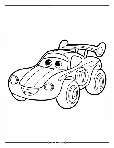 Dibujo de coches de carreras para colorear para niños: Un coche de carreras alegre con ruedas grandes y un número grande