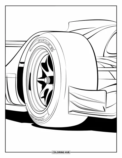 Dibujo de coches de carreras para colorear para niños: Primer plano de un neumático de coche de carreras con tuercas detalladas y ranuras laterales
