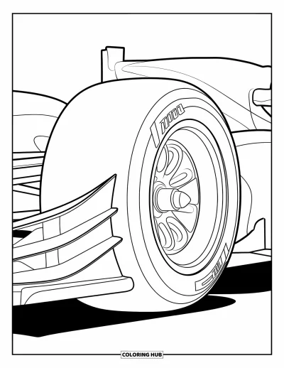 Dibujo de coches de carreras para colorear para niños: Primer plano de un neumático de coche de carreras con tuercas y ranuras laterales