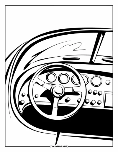 Dibujo de coches de carreras para colorear para niños: Vista de cabina con volante liso, botones y salidas curvas en el parabrisas