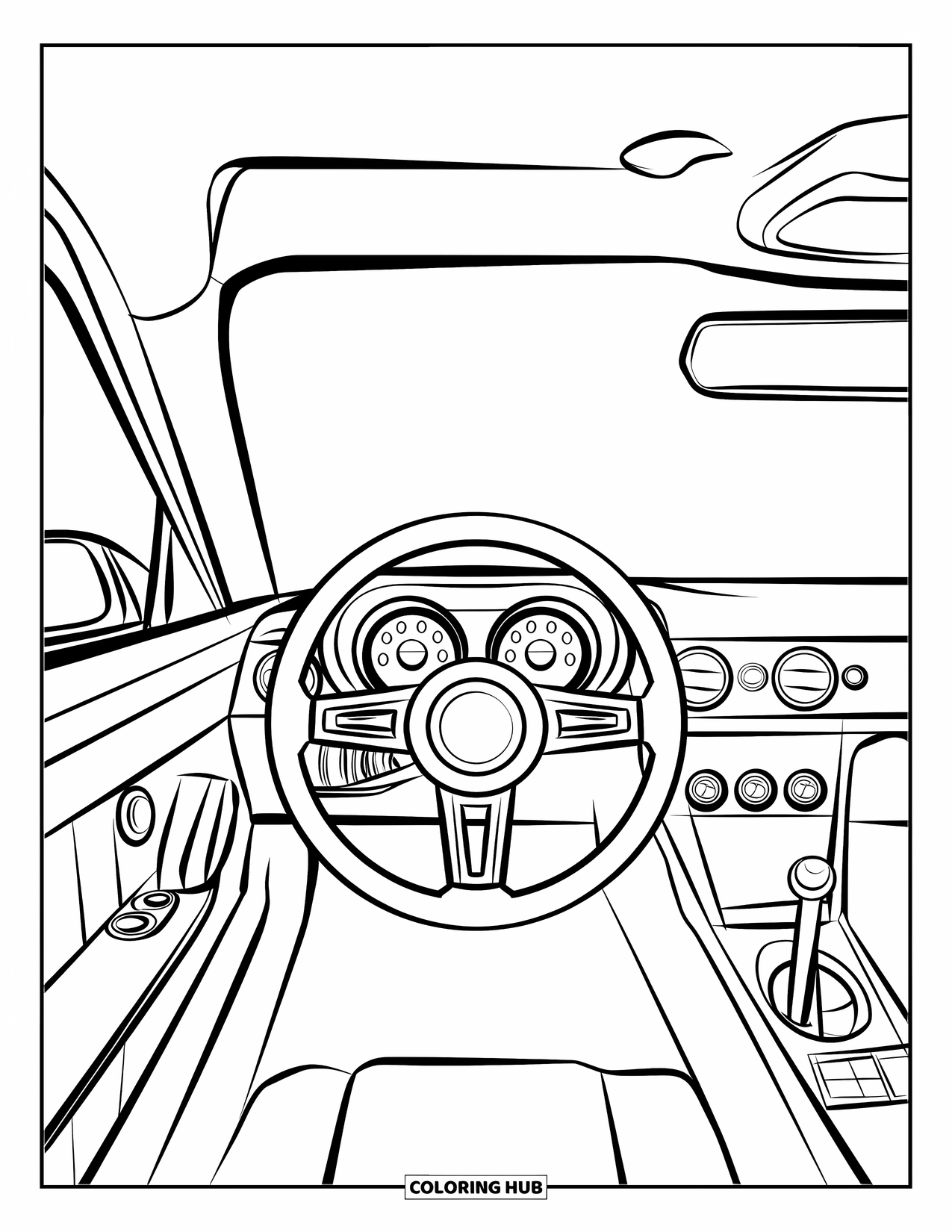 Raceauto Kleurplaat voor Kinderen: Een cockpitweergave met een stuur, dashboard en gebogen voorruit