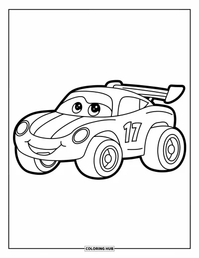 Dibujo de coches de carreras para colorear para niños: Un coche de carreras tierno con ruedas grandes y un número grande en el lateral