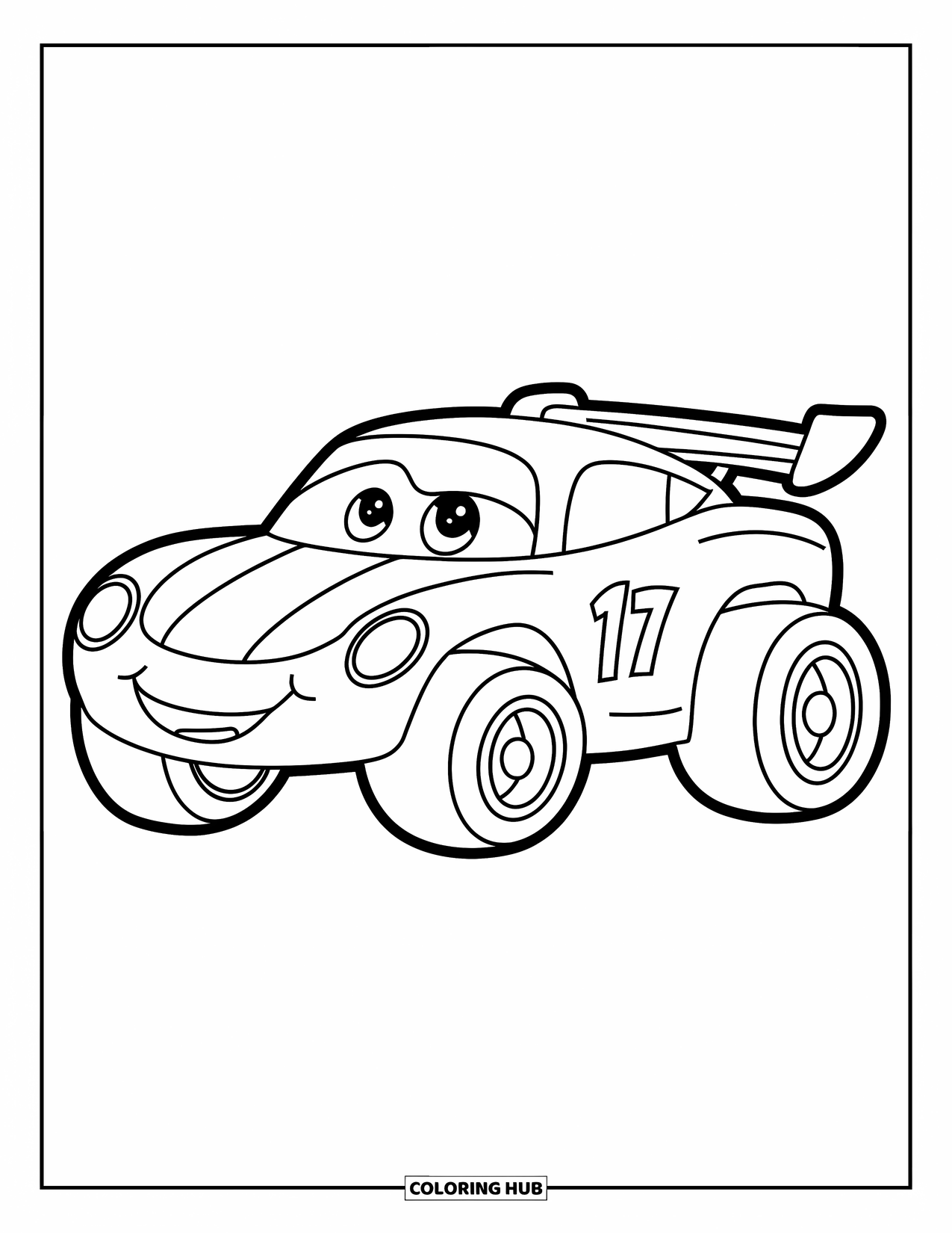 Raceauto Kleurplaat voor Kinderen: Een schattige raceauto met grote wielen en een groot nummer op de zijkant