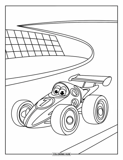 Dibujo de coches de carreras para colorear para niños: Un coche de carreras tierno con ruedas grandes y un número grande está sobre una pista con una bandera