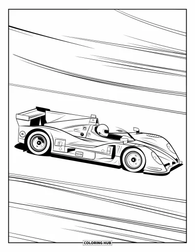 Dibujo de coches de carreras para colorear para niños: Un coche de carreras veloz compite en una pista sinuosa con un piloto con casco visible