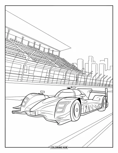 Dibujo de coches de carreras para colorear para niños: Un coche de carreras veloz corre bajo una grada con el perfil de la ciudad a lo lejos