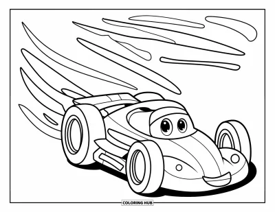 Dibujo de coches de carreras para colorear para niños: Un coche de carreras amistoso con ruedas grandes deja líneas de escape curvadas detrás