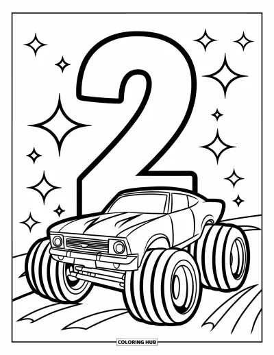 Dibujo de coches de carreras para colorear para niños: Un coche divertido con neumáticos enormes y el número 2 está rodeado de destellos