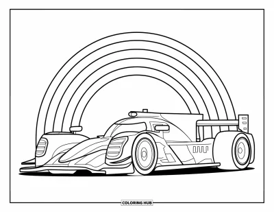 Dibujo de coches de carreras para colorear para niños: Un gran coche de carreras está estacionado bajo un arcoíris intenso con arcos gruesos y limpios