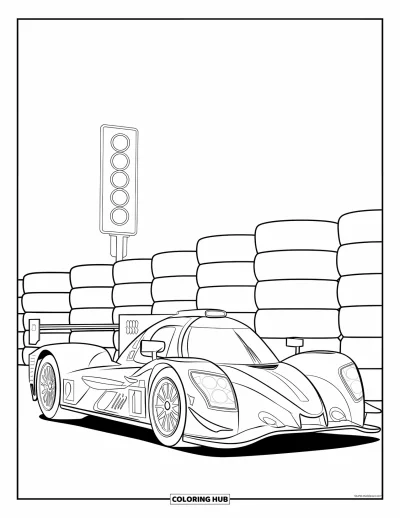 Dibujo de coches de carreras para colorear para niños: Un coche de carreras estacionado está junto a neumáticos apilados con una luz de señal a su lado