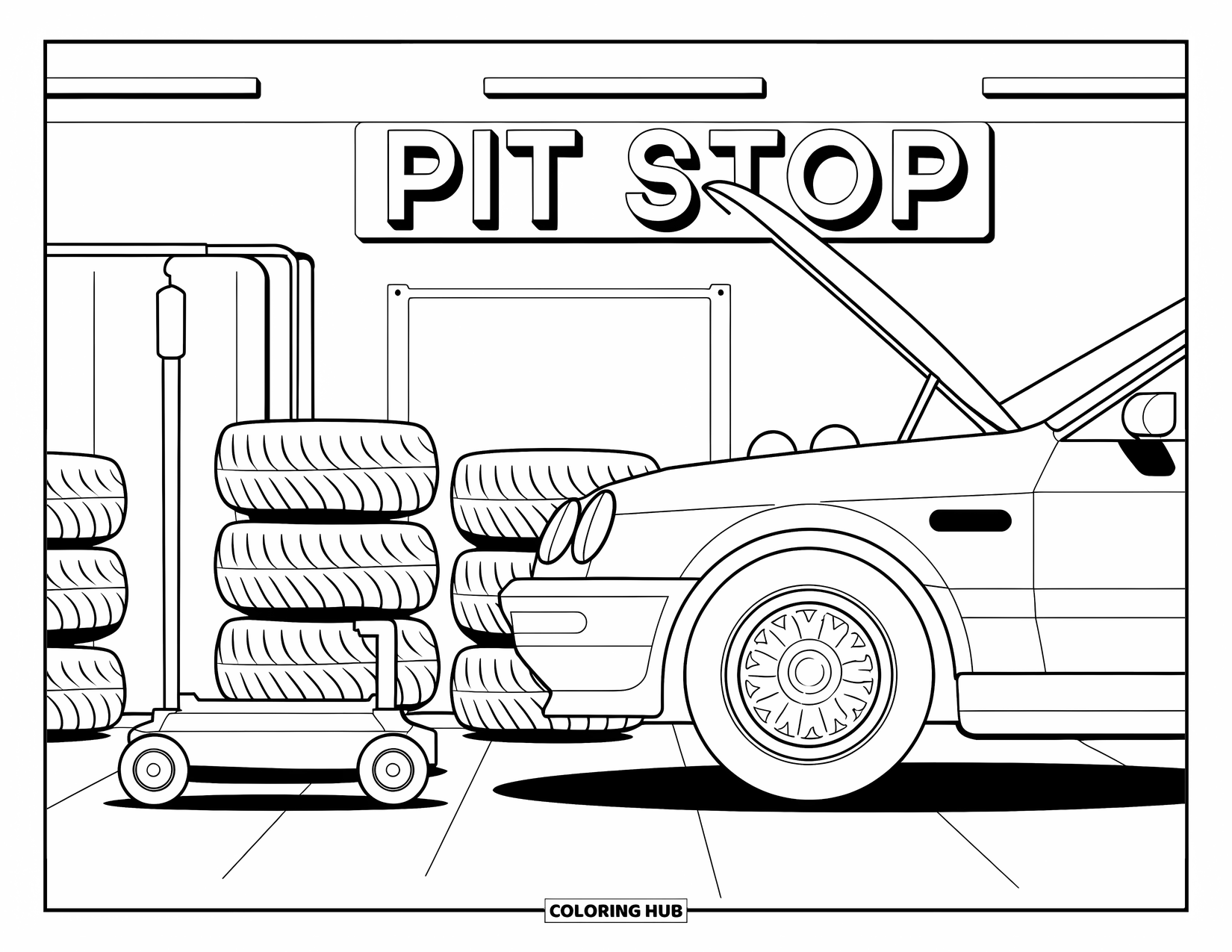 Raceauto Kleurplaat voor Kinderen: Een pitstopscène met een auto, bandenstapels en gereedschap netjes geplaatst