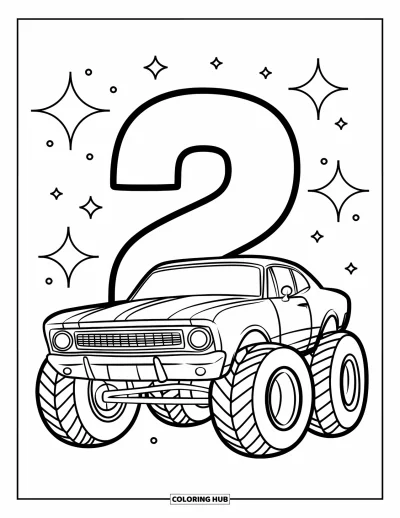 Dibujo de coches de carreras para colorear para niños: Un coche juguetón con neumáticos grandes y el número 2 está entre destellos sencillos