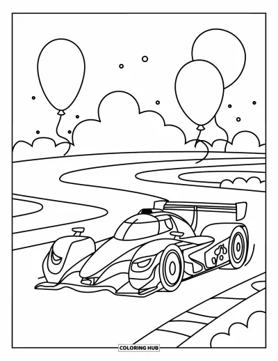 Dibujo de coches de carreras para colorear para niños: Un coche de carreras juguetón avanza por una pista con curvas mientras globos flotan en el cielo