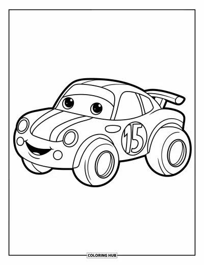 Dibujo de coches de carreras para colorear para niños: Un coche de carreras juguetón con ruedas grandes y un número grande