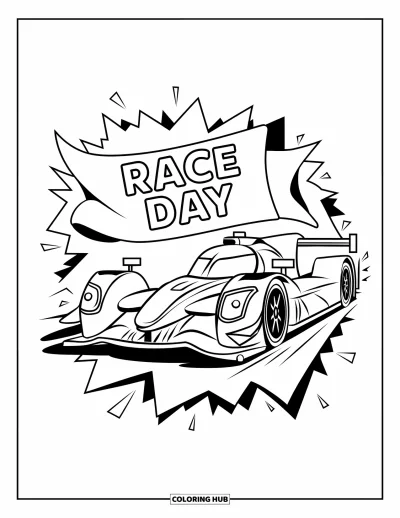Dibujo de coches de carreras para colorear para niños: Un coche de carreras atraviesa una pancarta de papel con el texto 