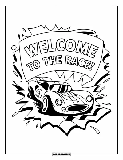 Dibujo de coches de carreras para colorear para niños: Un coche de carreras atraviesa una pancarta de papel que dice 