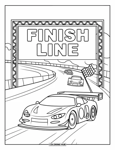 Dibujo de coches de carreras para colorear para niños: Un coche de carreras cruza la meta con una bandera en el parachoques y otros coches detrás