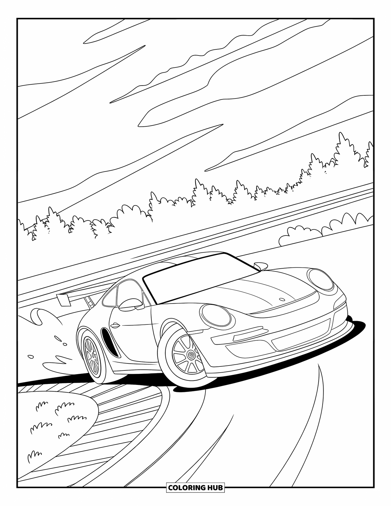 Raceauto Kleurplaat voor Kinderen: Een raceauto drift om een scherpe bocht met bomen en wolken op de achtergrond