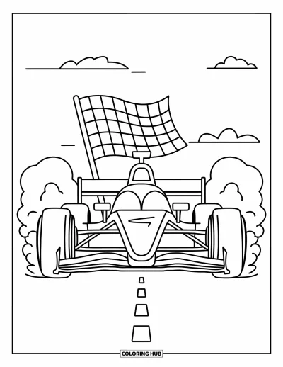 Dibujo de coches de carreras para colorear para niños: Un coche de carreras circula por una carretera discontinua con bocanadas de humo y una bandera a cuadros detrás