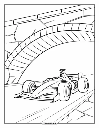 Dibujo de coches de carreras para colorear para niños: Un coche de carreras pasa bajo un puente de piedra con franjas y grietas sobre una pista plana