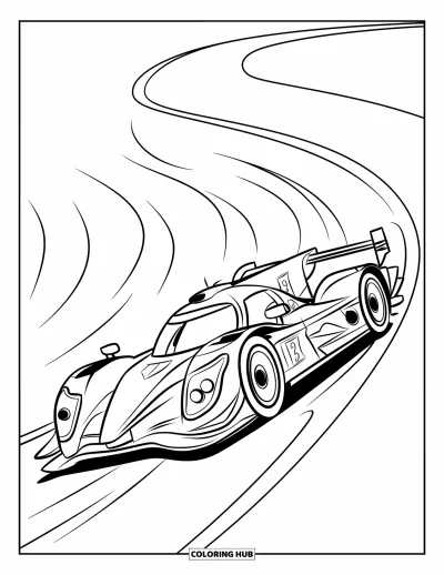 Dibujo de coches de carreras para colorear para niños: Un coche de carreras pasa sobre una rampa suave con líneas de movimiento onduladas detrás