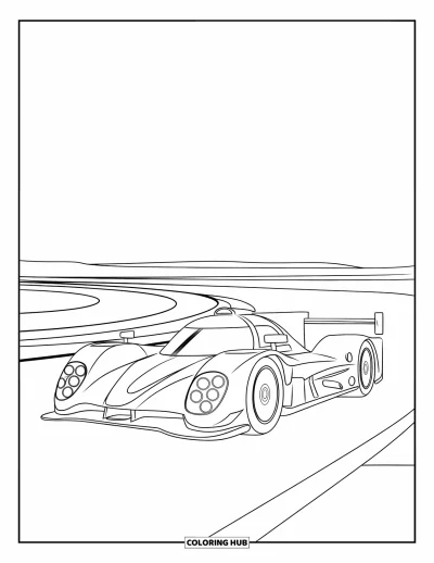 Dibujo de coches de carreras para colorear para niños: Un coche de carreras en vista de tres cuartos conduce por curvas de pista bajo un cielo despejado