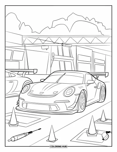 Dibujo de coches de carreras para colorear para niños: Un coche de carreras está estacionado entre dos coches en boxes, con árboles y un edificio detrás